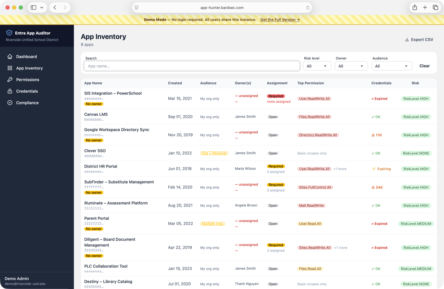 App Hunter — Entra App Auditor app inventory, filtered to high-risk apps